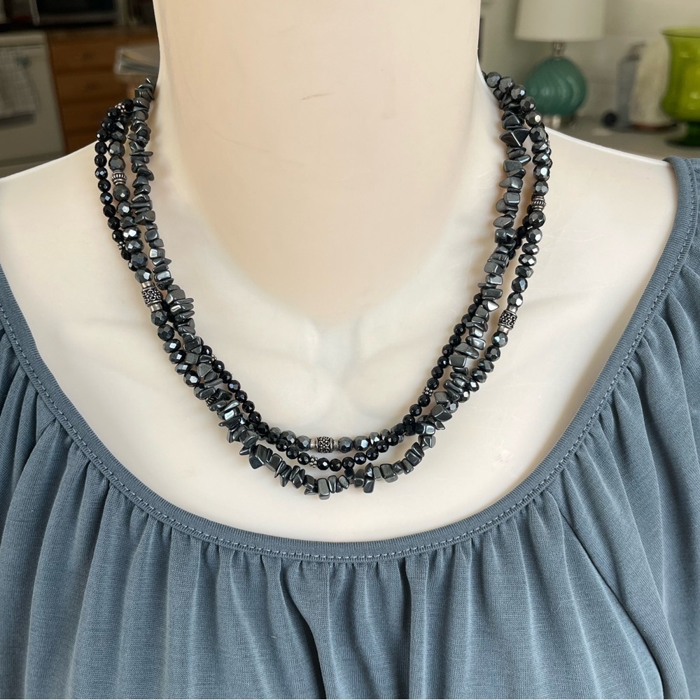 Black 3 Strand Necklace with Silver Tone Accents - Picture 6 of 16
